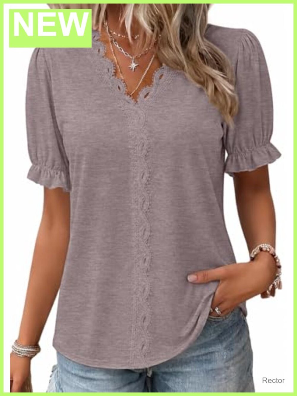 Womens Ruffle Puff Sleeve V-Neck Lace Blouse Dressy Casual Top
